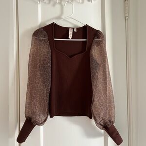 brown sheer sleeved sweater by Anthropologie brand Dolan